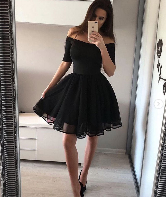 Simple black short prom dress, black ...